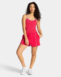 Shorts longs pour femme en tissu French Terry de qualité supérieure, imprimé soie, logo personnalisé, imprimé léopard rouge avec passepoil. - Product Image 3