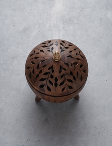 Round Wooden <b>Incense</b> <b>Holder</b> with Lid Carved Leaf Design Aromatherapy Censer Tripod Stand Gift Decor - Product Image 2