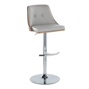 Gianna Mid Century Modern Adjustable <b>Barstool</b> with <b>Swivel</b> Chrome Metal and Walnut Wood Light Grey Faux Leather Rounded Seat - Product Image 2