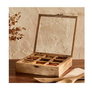 Boîte à épices en bois 100% naturel, 9 compartiments, outils pour herbes et épices, gadgets de cuisine, artisanat, prix imbattable - Product Image 1