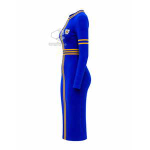 เดรสยาวสีน้ำเงินแขนยาวทรงเข้ารูปสำหรับผู้หญิง Sigma Gamma Rho แต่งแถบสีทอง คอเสื้อแบบคอกลม ไซส์พลัส ทรงเข้ารูป สไตล์ลำลอง - Product Image 3
