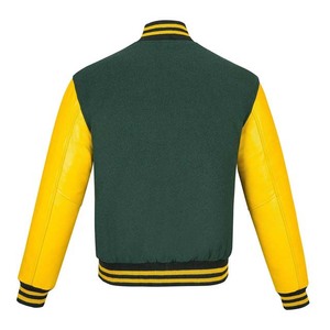 Chaqueta Varsity Verde y Amarilla para Hombre, con Mangas de Cuero PU, Cierre de Botones, Cuello Camisero, Puños y Cintas a Rayas, Ropa de Invierno - Product Image 2