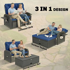 Sofá Cama de Ratán Azul Marino para Patio con Respaldo Ajustable, Otomana de Almacenamiento, Muebles de Mimbre para Exteriores con Mesas Auxiliares - Product Image 4