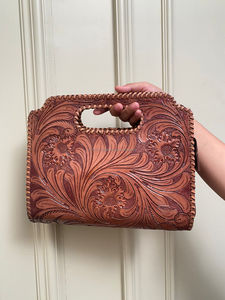 2024 Western Women Genuine <b>Leather</b> Designer Handbag Purse Top Handle Satchel Hand <b>Tooled</b> Floral Carving Stylish Bag Gift for Her - Product Image 5