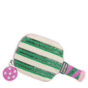 Pickleball Paddle Shaped Beaded Coin <b>Purse</b> Neon <b>Green</b> White Handmade Seed Bead Embroidery Boutique Bag Charm Pouch Zipper - Product Image 1