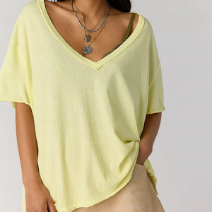 เสื้อยืดโอเวอร์ไซส์คอวีสีเหลืองสำหรับผู้หญิง แขนสั้น สไตล์ลำลอง เหมาะสำหรับฤดูร้อน ผ้าฝ้าย 100% ทรงปกติ สีพื้น ผ้ากลับด้านได้ ไซส์พลัส - Product Image 1