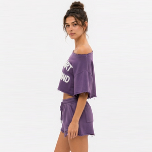 Cropped Off Shoulder Sweat <b>Shorts</b> <b>Set</b> French Terry Distressed Hem Sweat <b>Shorts</b> <b>Short</b> Sleeve Embroidered Crop <b>Top</b> Fleece Crop <b>Set</b> - Product Image 3