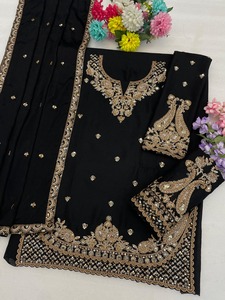 Salwar Kameez semi-cousu en soie chinon noire pour femme, broderie dorée, longueur ras du sol, tenue de mariage traditionnelle style Inde Pakistan - Product Image 3