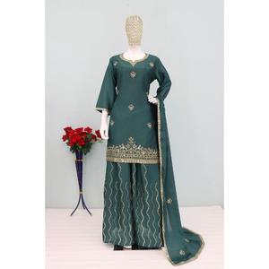 Conjunto de Kurta, Palazzo y Dupatta Listo para Usar, en Chinnon Pesado con Bordado de Lentejuelas, Compre Directamente del Proveedor - Product Image 1