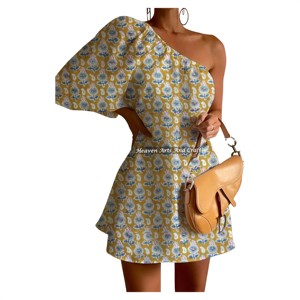 Robe d'été décontractée sexy à imprimé coloré et manches bouffantes asymétriques pour femme, imprimé artisanal, très tendance, style décontracté asymétrique - Product Image 2
