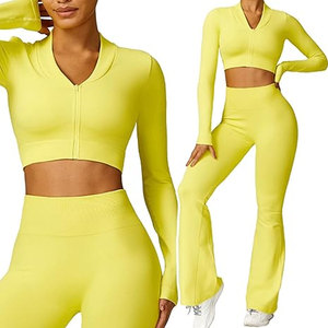 Ensemble de sport 3 pièces pour femme : Leggings évasés taille haute sans coutures, soutien-gorge de sport et veste zippée pour la gym, le yoga et les activités sportives - Product Image 3
