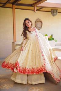 Cream Anarkali Suit Embroidered <b>Indian</b> Pakistani <b>Top</b> Long Coat Set With Dupatta for Wedding Party - Product Image 3