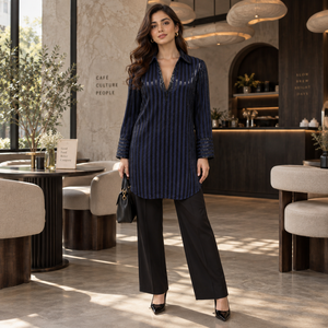 Premium Navy Blue Striped Blouse <b>Long</b> Sleeve Tunic <b>Shirt</b> with Embellished Cuffs and V Neck | Elegant Formal Party Wear for <b>Women</b> - Product Image 2