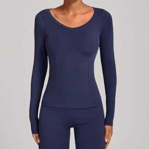 T-shirt de sport respirant à séchage rapide en Spandex/Nylon, écologique, nouveau, pour la gym et le fitness, col en V, manches longues, hauts de yoga - Product Image 3