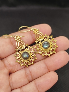 Brass Gemstone Drop Earrings Bulk Handcrafted Gold Plated Finish Rose Quartz Pattern Bezel - Product Image 3