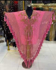 Pink Embroidered Dupatta Tassels High Neck Long Sleeve Floor Length Slim Fit Beaded Polyester <b>Abaya</b> for Women Party <b>Wedding</b> Wear - Product Image 2