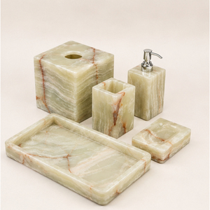 Ensemble d'accessoires de salle de bain en onyx vert naturel créatif, distributeur de savon, boîte à mouchoirs et plateau en marbre pour hôtels et villas, meilleur prix - Product Image 2