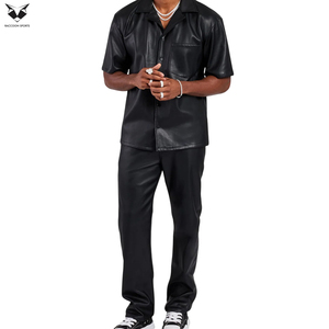 High Quality Fashion Casual Streetwear Good Supplier Black Color Short Sleeve Button Style Men Club <b>Party</b> Wear Pu Leather <b>Shirts</b> - Product Image 4