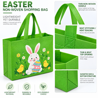 Sacs fourre-tout réutilisables en tissu non tissé écologique, imprimé lapin de Pâques vert lime, œufs colorés et poussins sur prairie, avec logo personnalisé