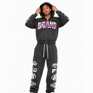 Private Label Trendy Acid Washed Unisex Tracksuit Winter Midweight Hooded 2 Piece Loose Fit Fashion Set Distressed Vintage Set - Product Image 5