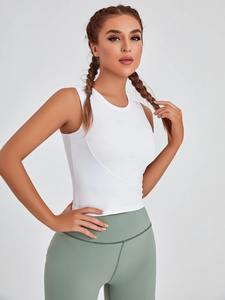 Débardeur court décontracté sans manches à col rond pour femme, couleur unie, tricoté, respirant, avec logo frontal, idéal pour la gym - Product Image 5
