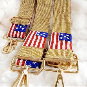 Gold Beaded <b>Bag</b> Straps American Flag Pattern Crossbody Shoulder Belts Adjustable Purse Handle Replacement Broad Glass Seed Beads - Product Image 1