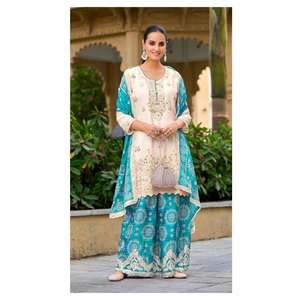 Karma Fashion, magnifique ensemble traditionnel musulman, haut et sharara avec de vrais travaux de miroir faits à la main, tenue de soirée, couleur ciel, taille M, dupatta - Product Image 1