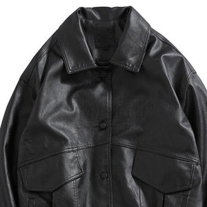 Men's Black PU Leather Jacket Workwear Style Turn-Down Collar Single <b>Button</b> Pockets Regular Fit Autumn Wear Solid Color <b>No</b> Hood. - Product Image 5