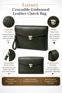 กระเป๋าคลัทช์หนังลายนูนสุดหรู พร้อมตัวล็อคโลหะและสายคล้องข้อมือ สีเขียวเข้ม ดีไซน์หรูหรา - Product Image 6