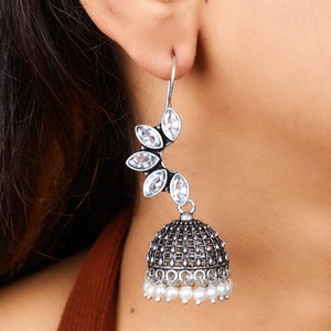 Wholesale Brass Oxidized <b>Silver</b> Vintage Handmade CZ Leaf <b>Dangle</b> Pearl Drop Jhumka <b>Earrings</b> for Women Ethnic Boho Indian Wedding - Product Image 6