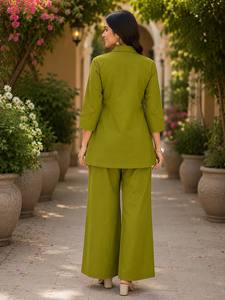 Conjunto de Kurti y Palazzo de Algodón Verde con Bordado a Mano, Estilo Informal Holgado hasta el Tobillo para Mujer, Estilo India-Pakistán - Product Image 4