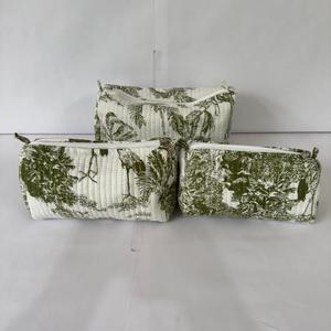 Premium Green Toile Print Cosmetic Pouch Set Quilted Cotton Makeup Bags Travel <b>Toiletry</b> Organizer - Product Image 1