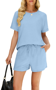 Classic Style Women Summer T-Shirt and Short 2 Piece <b>Set</b> Soft Short Bottoms Relaxed Fit Top For Home Lounge Wear Simple Clothing - Product Image 5