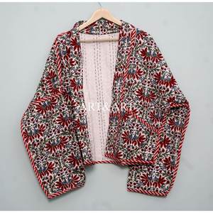 Indian Handmade Kantha <b>Jacket</b> <b>Women</b> 100% Cotton Eco-Friendly Breathable Logo Floral Print <b>Short</b> length Full <b>Sleeve</b> Spring Casual - Product Image 6
