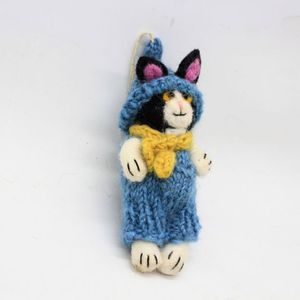 Knitted Cat Doll Christmas Decoration Cartoon Blue With Yellow Scarf Handmade Ornament - Product Image 4