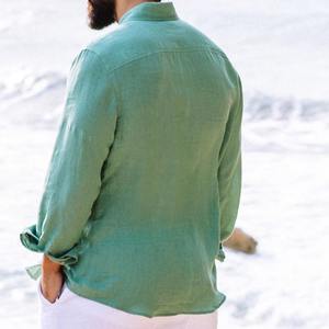 Chemise décontractée pour homme en coton et lin respirant de haute qualité, col en V, coupe ample, manches longues, été - Product Image 4