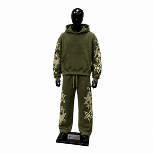 Chándal con Capucha para Hombre, Color Oliva, Manga Larga, Patrón de Estrellas Bordadas, Corte Holgado, Estilo Urbano, para Otoño, con Cierre de Cordón - Product Image 1