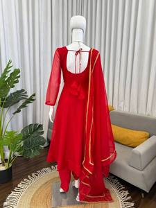 Women's Modern Solid <b>Red</b> Anarkali Kurta Set with Chiffon Dupatta Summer Autumn Party Wear Ethnic Salwar Suit - Product Image 3