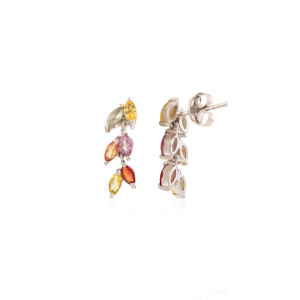 Boucles d'oreilles pendantes personnalisées tendance classiques en argent sterling 925 avec motif floral et feuilles, ornées de multiples saphirs, cadeau de fête pour femme, vente en gros - Product Image 5