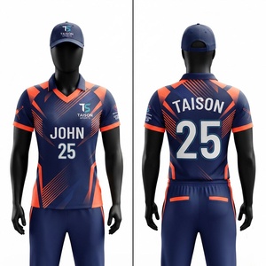 Conjunto de Uniforme de Cricket para Hombre, 160 GSM, Transpirable, de Secado Rápido, Poliéster Interlock, Pantalones de Jersey Azul Marino y Naranja, Estampado Digital Deportivo Personalizado - Product Image 1