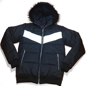 Veste matelassée épaisse à capuche pour homme, coupe-vent d'hiver, noire, avec blocs de couleur, garniture en fourrure, fermeture éclair, doublure en nylon - Product Image 1
