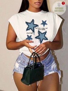 Custom Vintage Star Print Crop <b>Top</b> Women's shirt Soft Organic Cotton Casual Tee Unique Graphic T-Shirt with Patches Sleeveless - Product Image 3