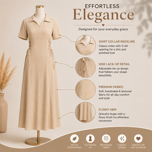Vestido maxi beige texturizado con cuello camisero y cordones laterales para mujer |   Vestido Largo Casual Elegante de Verano para Oficina con Mangas Cortas y Cintura Ajustada - Product Image 5