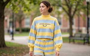 <b>Women's</b> Yellow <b>Blue</b> Striped Knitted Turtleneck Sweatshirt and <b>Shorts</b> 2 Piece Set - Product Image 3