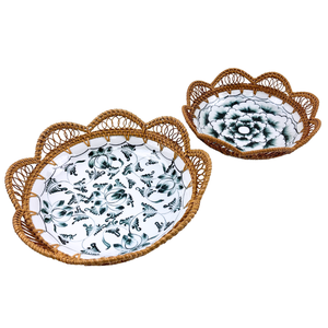 Handmade Round <b>Ceramic</b> <b>Serving</b> Dish with Black Lotus Pattern and Eco-friendly Rattan Woven Scallop Edge for Home Dining Parties - Product Image 6