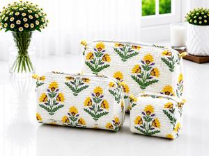 Ensemble de trousses de maquillage modernes en coton matelassé à motif géométrique nautique, avec poignée souple et fermeture éclair, pochettes portables pour le rangement en voyage - Product Image 2