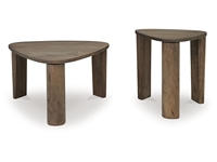 Ensemble de 2 tables basses pliantes ovales en bois de manguier massif, finition noyer, pour salon.