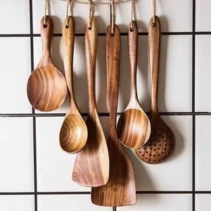 Top Rated 7Pcs Dark Teak Kitchen Cookware Set Skimmer Ladle <b>Wok</b> Turner Rice Paddle Wooden Utensils for <b>Nonstick</b> Pans Utensils - Product Image 1