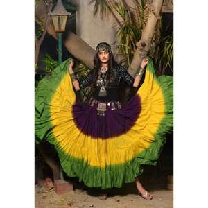 Ethnic Boho <b>Tie</b> Dye Print Layered Maxi Skirt Yellow to Green with <b>Purple</b> Festival Flowy Skirt Women Full Length Skirt - Product Image 1