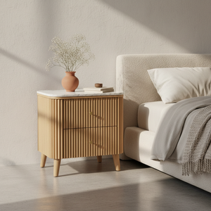 Table d'appoint moderne avec 2 tiroirs, en MDF acacia et placage chêne, éco-responsable, avec porte à battant, design dynamique pour salons et chambres - Product Image 3